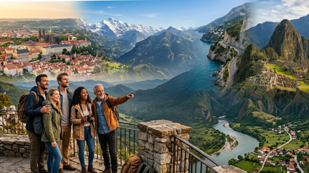 a diverse group of smiling travelers standing at a scenic