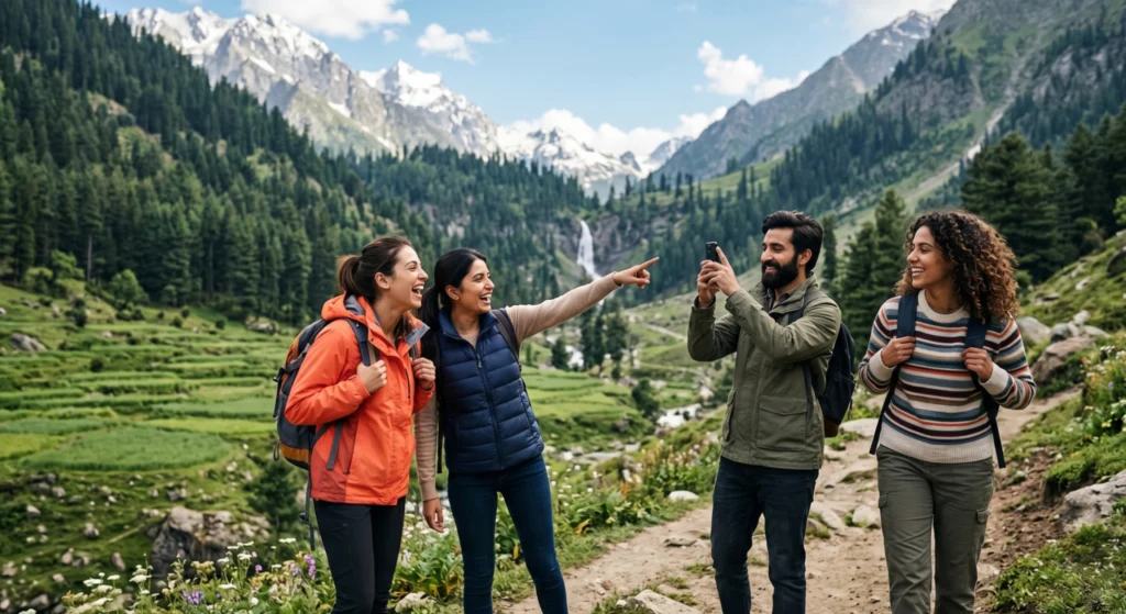 a happy group of friends enjoying a trekking trip in kalam, swat valley, organized by our tour company.