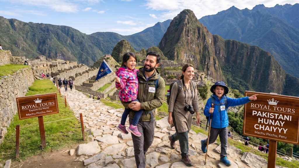 a joyful pakistani family smiling and posing at the historic ruins of machu picchu, bright sunny day, enjoying a guided vacation trip by royal tours.