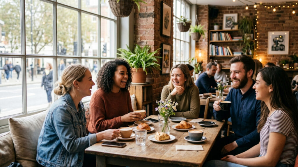 friends enjoying coffee cozy cafe